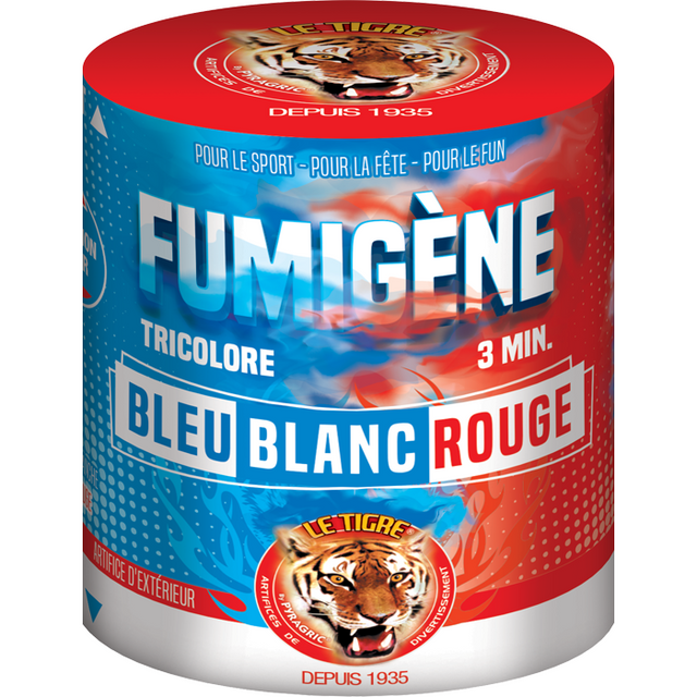 Fumigène en pot à poser au sol produisant une fumée tricolore bleu, blanc et rouge aux couleurs vives pendant environ 3 minutes, idéal pour événements sportifs, célébrations et animations