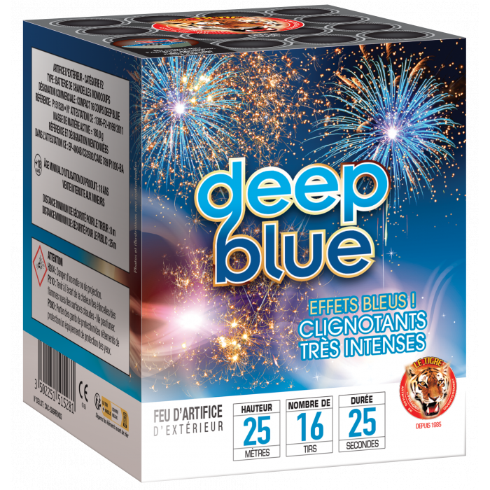 Un feu d'artifice compact 16 coups, calibre 25 mm, aux mosaïques bleu profond se transformant en petites étoiles blanches scintillantes, idéal pour illuminer soirées et fêtes