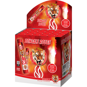 Flamme bengale pyrotechnique rouge émettant une vive lueur pendant environ 40 secondes, effet lumineux intense pour animations et événements sportifs, catégorie F1, usage à partir de 12 ans