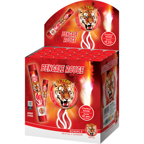 Flamme bengale pyrotechnique rouge émettant une vive lueur pendant environ 40 secondes, effet lumineux intense pour animations et événements sportifs, catégorie F1, usage à partir de 12 ans