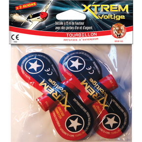 Pack of two airplane-shaped fireworks that launch up to 15 meters, emitting gold and silver spark effects — small F2 novelty fireworks for adults (18+).