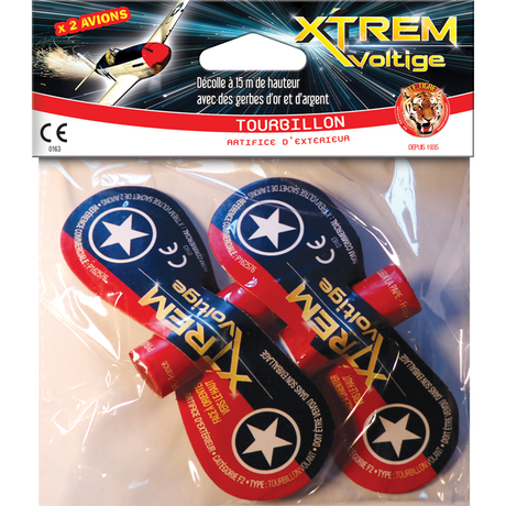 Pack of two airplane-shaped fireworks that launch up to 15 meters, emitting gold and silver spark effects — small F2 novelty fireworks for adults (18+).