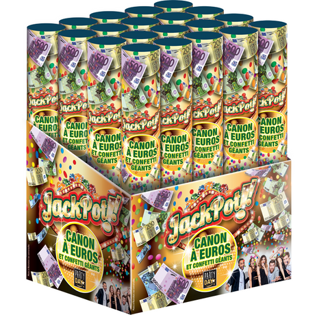 30cm compressed-air Jackpot confetti cannon releasing multicolored confetti and realistic-looking faux euro banknotes for parties and events