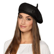 Black French beret for women made of 100% polyester, adult size 59 cm, stylish and classic headwear accessory.