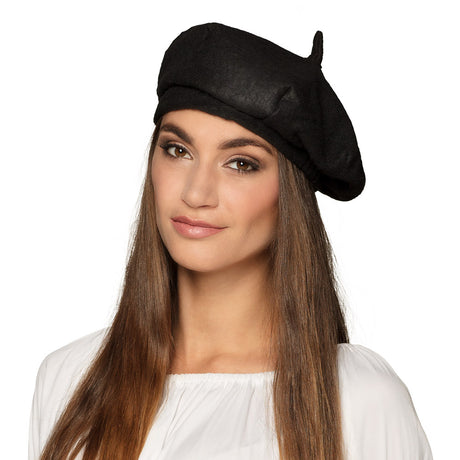 Black French beret for women made of 100% polyester, adult size 59 cm, stylish and classic headwear accessory.