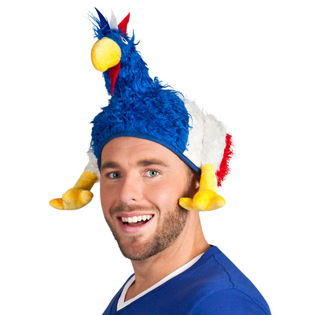French rooster hat for adults made of 100% polyester, unisex design, displayed with hangtag packaging.