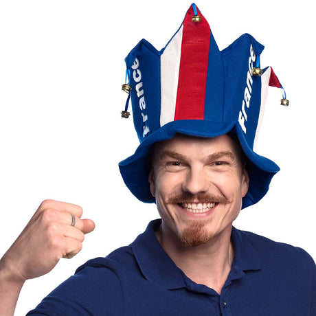 France hat for adults made of 98% polyester and 2% iron, suitable for men and women, displayed with hangtag.