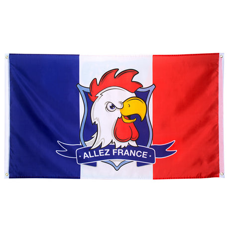 Polyester flag with "Allez France" slogan, measuring 90 x 150 cm, ideal for supporting France at sports events.
