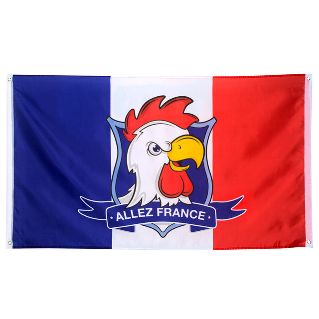 Polyester flag with "Allez France" slogan, measuring 90 x 150 cm, ideal for supporting France at sports events.