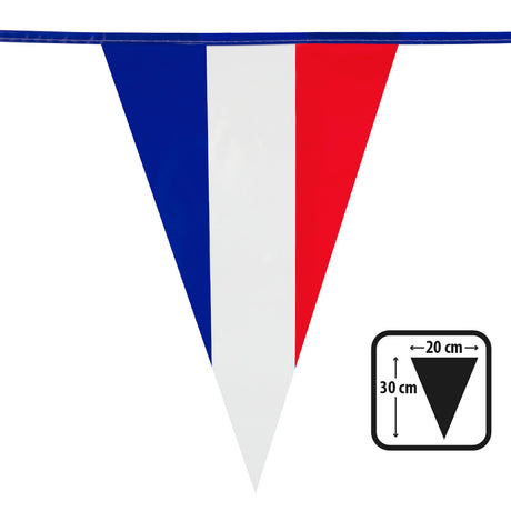 French flag bunting with 20 polyethylene pennants measuring 30 x 20 cm each, 10 meters long, ideal for national celebrations and events.