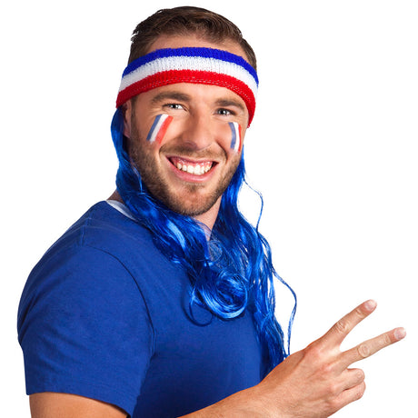 France headband with blue hair, adult unisex costume accessory made of polyethylene and polyester, ideal for patriotic events and celebrations.