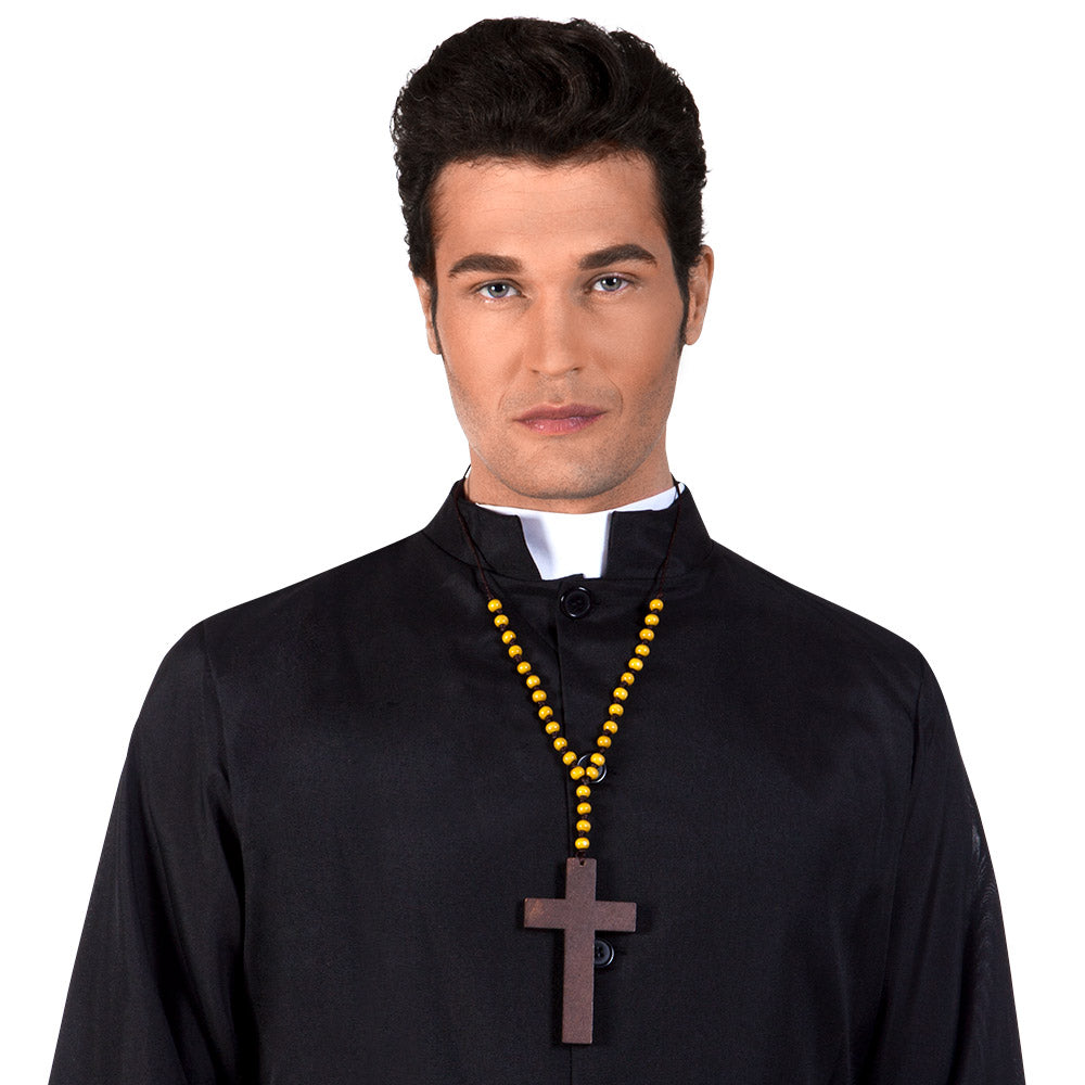 Wooden priest cross necklace for adults, religious jewelry made of 85% wood and 15% polyester, displayed on a hanging card.