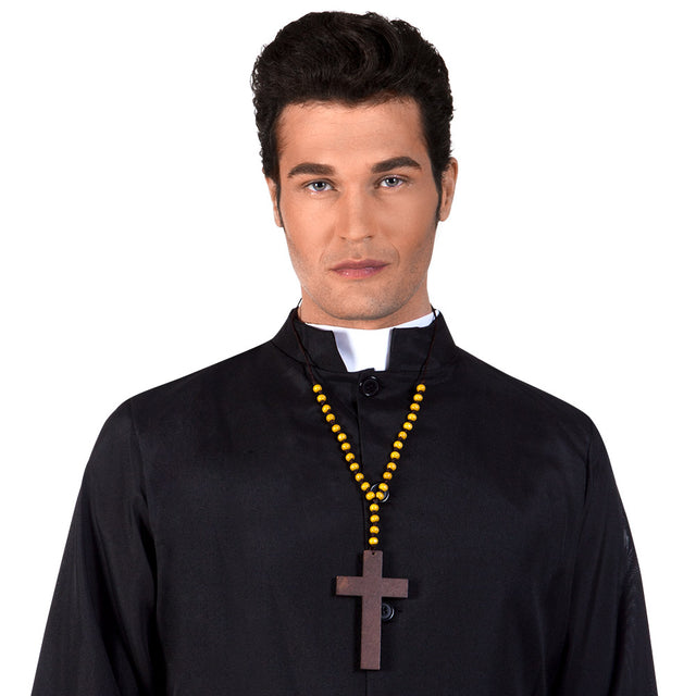 Wooden priest cross necklace for adults, religious jewelry made of 85% wood and 15% polyester, displayed on a hanging card.