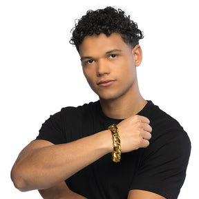 Gold men's bracelet made of 100% ABS, stylish jewelry accessory for adults, displayed with hangtag packaging.