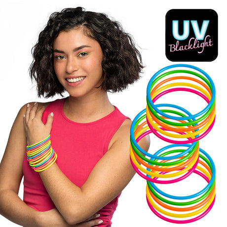 Set of 15 multicolor UV rave bracelets for women made of 100% polystyrene, displayed with hangtag packaging, perfect for 90s old school party accessories.
