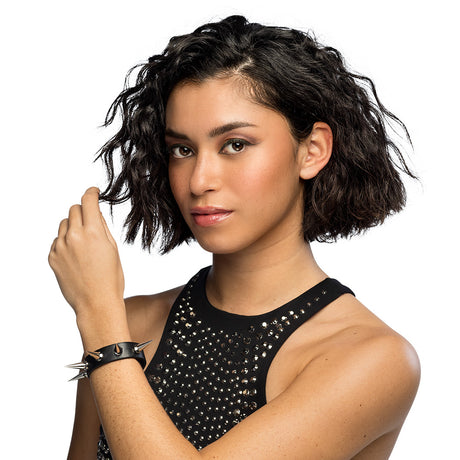 Black spike deluxe bracelet for women, rock and punk jewelry style, made of polyurethane, polycarbonate, and iron, displayed with hangtag.