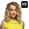 Fusion necklace for women featuring a multicolor old school 90s design, made of acrylic, polyester, and iron, displayed on a hanging card.