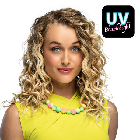 Fusion necklace for women featuring a multicolor old school 90s design, made of acrylic, polyester, and iron, displayed on a hanging card.