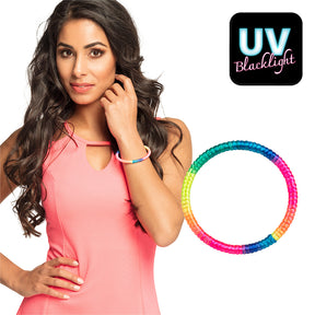 Rainbow UV bracelet for women made of polyester and polypropylene, colorful jewelry accessory for adults with hangtag packaging.