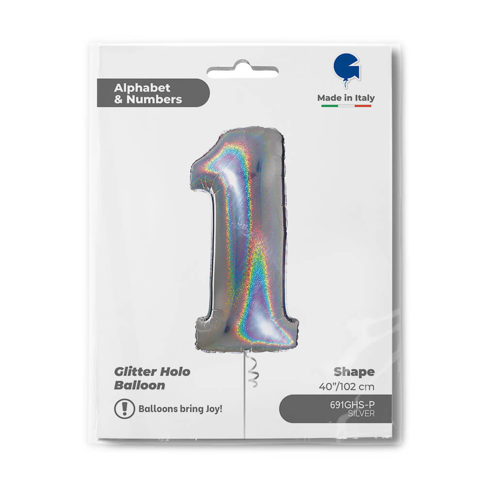 Ballon chiffre -  Argent holographique pailleté - 40" - Gonflage Hélium en boutique