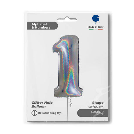 Ballon chiffre -  Argent holographique pailleté - 40" - Gonflage Hélium en boutique