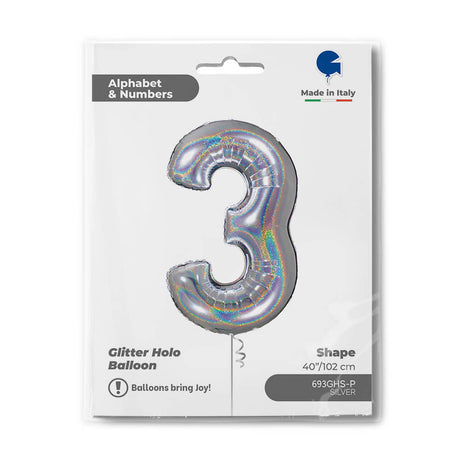 Ballon chiffre -  Argent holographique pailleté - 40" - Gonflage Hélium en boutique