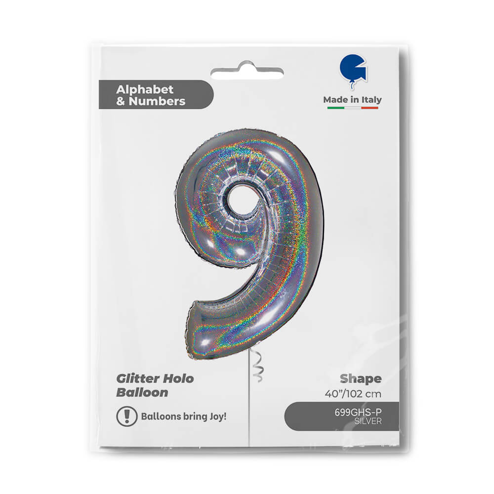 Ballon chiffre -  Argent holographique pailleté - 40" - Gonflage Hélium en boutique