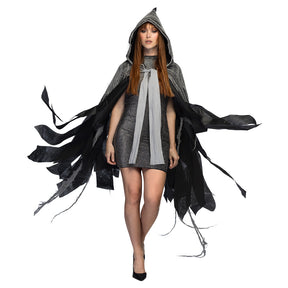Gray vampire Halloween cape with hood for adult women, 150 cm long, made of 100% polyester, perfect for costumes and themed parties.