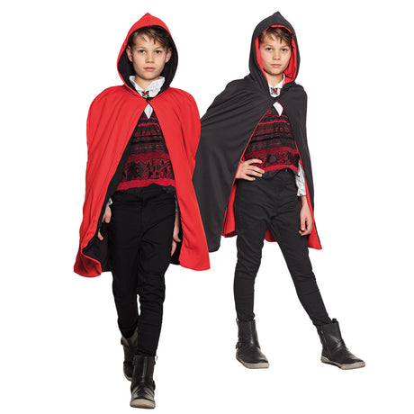 Children's reversible black and red Twilight vampire cape with hood, 115 cm long, perfect for Halloween costumes.
