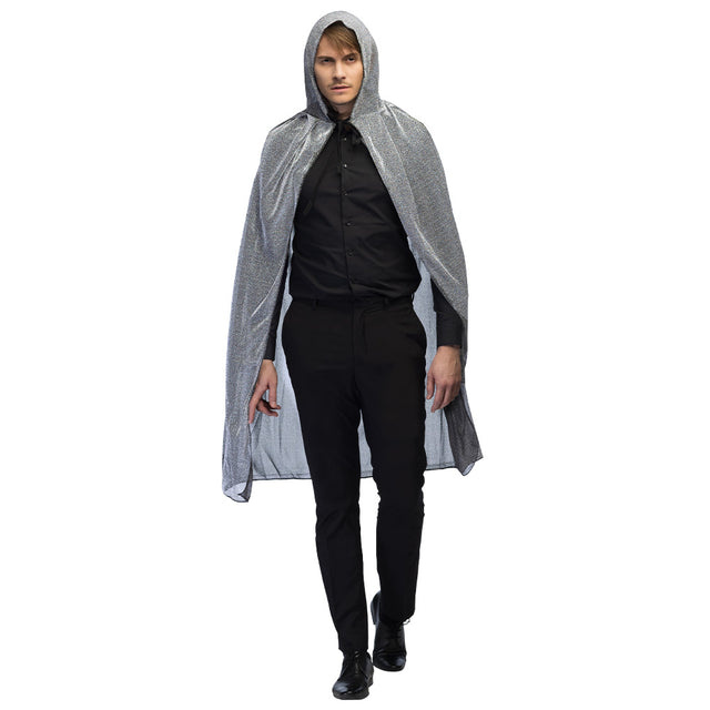 Silver night sky cape for women, 140 cm long with hood, perfect for Halloween costumes, vampire outfits, and themed parties, made of 100% polyester.