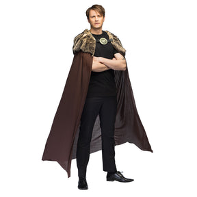Brown Night Hunter cape for adults, 150 cm long, made of polyester and acrylic, ideal for Viking, vampire, and Halloween costumes.
