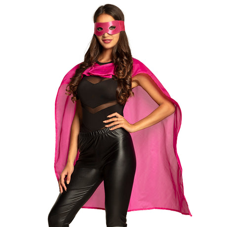 Bright pink hero costume set for adults featuring a 90 cm cape and mask, made of polyester and EVA, ideal for costume parties and cosplay.