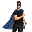 Blue hero costume set for adults featuring a wolf mask and 90 cm cape, made of polyester and EVA, ideal for men and women.
