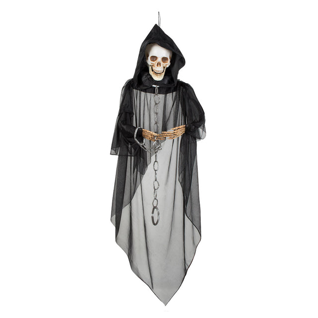 Hanging chained skeleton Halloween decoration measuring 150 cm, made of polyester, polyethylene, polystyrene, and iron, perfect for haunted house or dungeon themed displays.