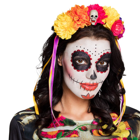 Colorful women's Day of the Dead Halloween hat made of polyester, polypropylene, ABS, and acrylic, designed for adults.