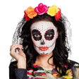 Colorful women's Halloween hat with veil, inspired by Day of the Dead, made of polyester and polypropylene, ideal for adult costumes.