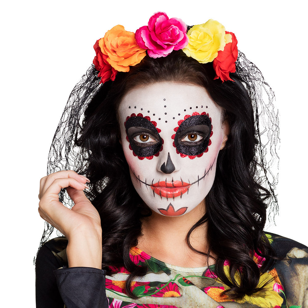 Colorful women's Halloween hat with veil, inspired by Day of the Dead, made of polyester and polypropylene, ideal for adult costumes.