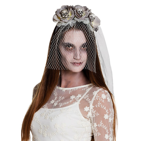 Halloween zombie skull headband with veil for women, adult costume accessory, 65% polyester, perfect for zombie and apocalypse themed parties.