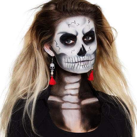Pair of skull dangle earrings for women, Halloween jewelry featuring skeleton design, made of polyester, zinc, iron, and styrene, ideal for adults.