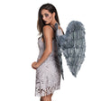 Gray Fallen angel wings costume accessory for adults, folded design measuring 65 x 65 cm, made of cock feathers, paper, and elastane, ideal for Halloween or demon and angel themed events.