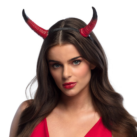 Devil horns headband for adults and kids, Halloween costume accessory with red horns, made of polyurethane, iron, and polyester, perfect for demon and angel themed parties.