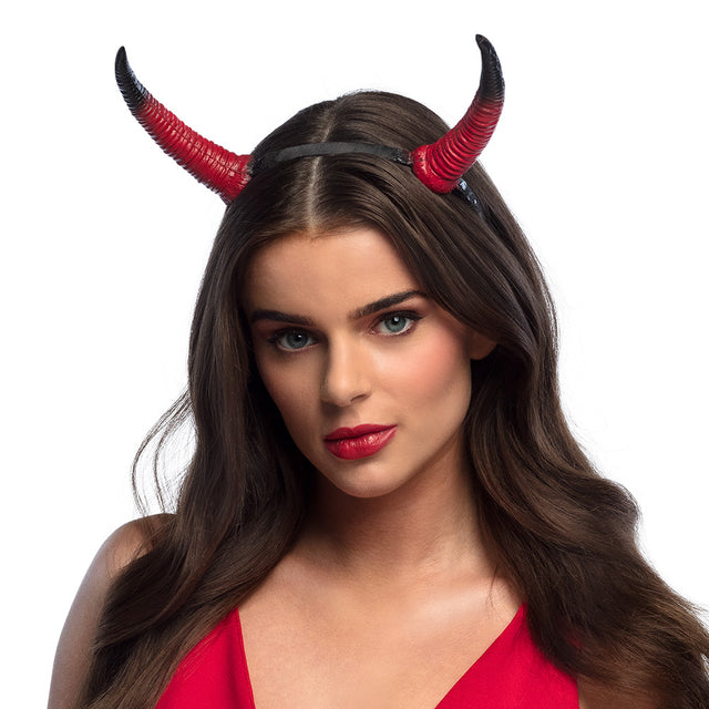 Devil horns headband for adults and kids, Halloween costume accessory with red horns, made of polyurethane, iron, and polyester, perfect for demon and angel themed parties.