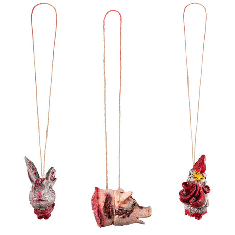 Set of three severed animal head decorations for Halloween, made of PVC, polyester, and hemp, ideal for horror-themed party decor.