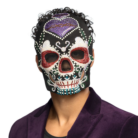 Deluxe Day of the Dead face mask for adults, Halloween costume accessory made of polyester, PVC, acrylic, and polystyrene, suitable for men and women.