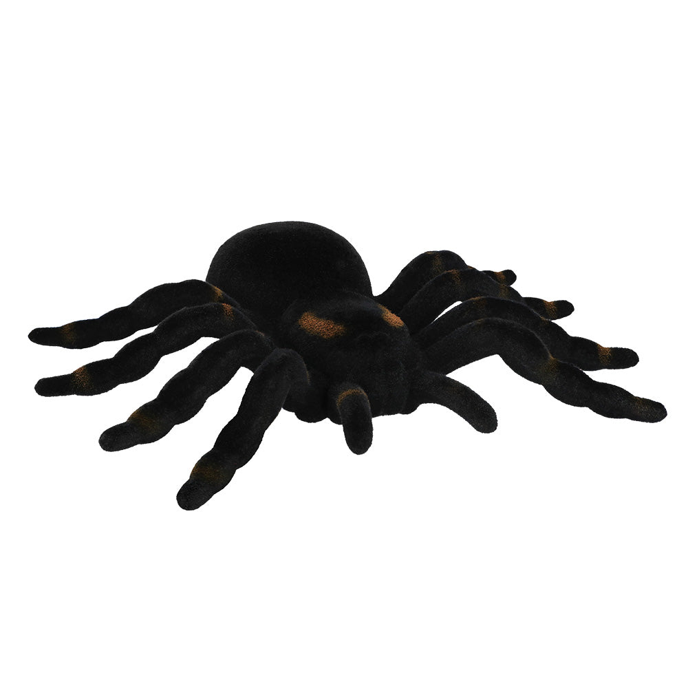 Black tarantula spider Halloween decoration made of polypropylene and polyester, measuring 16 x 11 cm, perfect for party decor or spooky displays.