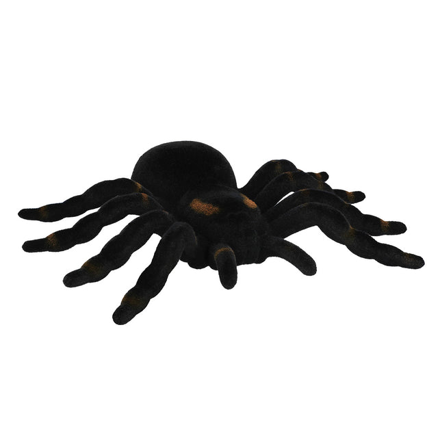 Black tarantula spider Halloween decoration made of polypropylene and polyester, measuring 16 x 11 cm, perfect for party decor or spooky displays.