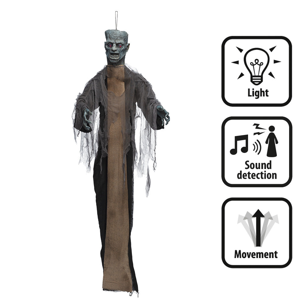 Hanging Dead Fred Halloween decoration featuring a zombie horror design, 180 cm tall, made of polyethylene, polyester, and iron, perfect for haunted house or apocalypse-themed decor.