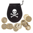 Pirate pouch set with 12 gold coins, ideal for pirate-themed parties or costumes, made of polypropylene and polyurethane, suitable for adults and children.