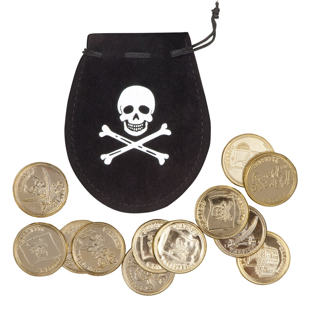 Pirate pouch set with 12 gold coins, ideal for pirate-themed parties or costumes, made of polypropylene and polyurethane, suitable for adults and children.
