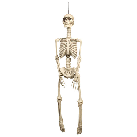 Large hanging skeleton Halloween decoration made of polyethylene, 92 cm tall, ideal for pirate, dungeon, or haunted house themes.